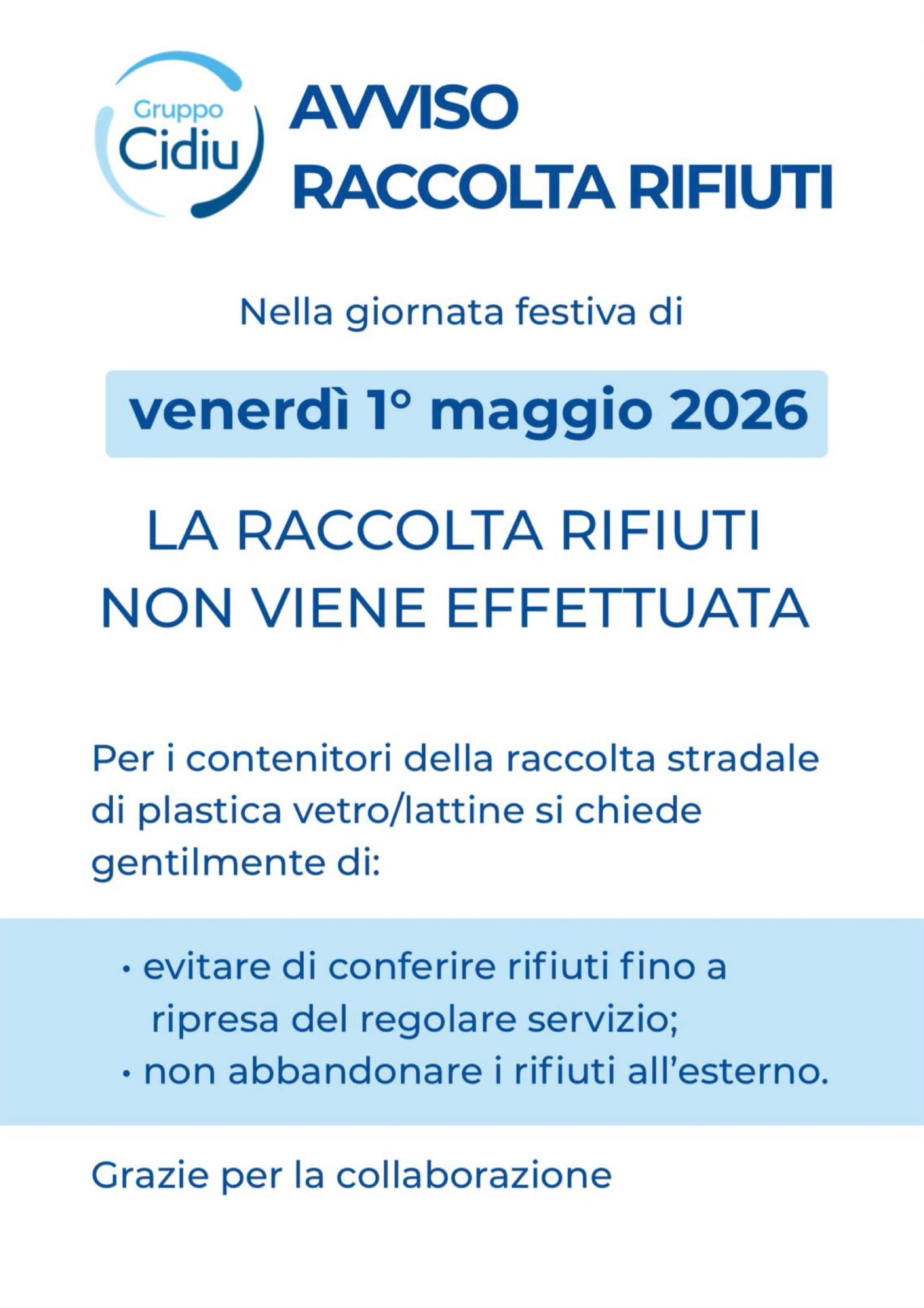 Avviso Raccolta Rifiuti 1 maggio 2026