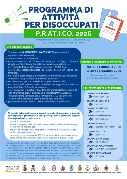 Programma di attività per disoccupati P.R.At.I.CO 2026